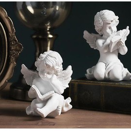 realideas Set of 2 Reading Book Angel Statue Cherub Wings Angel Statue Figurine Guardian Home Garden Angel Sculpture Statuette Shelf Sitter Angel Collection Angel Wings Memorial Rememberance Statue