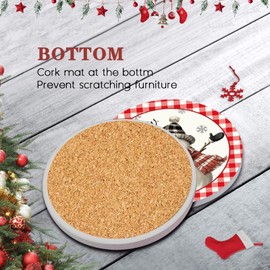 Bribay Coaster for Drinks Set of 6, Reindeer Basket Snowman Plaid Christmas Snowflakes Absorbent Round Ceramic Stone Mat, with Cork Base and Metal Holder, Gift for Housewarming Room Bar Decor