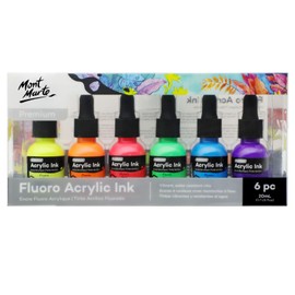 Mont Marte Acrylic Ink Superior, 6 x 20 ml, Fluoro Acrylic Ink Paints, for Fine Details and Colour Washes, Ideal for Airbrush, Casting Art, Scrapbooking and Ink Drawing