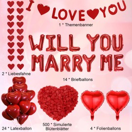 Will You Marry Me Balloons - 545 Pcs Red Letter Heart Foil Balloons Banner Hanging Streamer Garland Rose Petals For Valentines Day Decorations Engagements Wedding Proposals Romantic Special Night