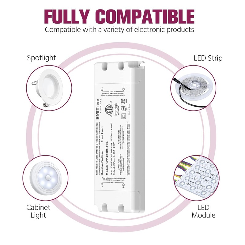EMITEVER Triac Dimmable Driver,2 Packs 25W Power Supply,AC 120V to