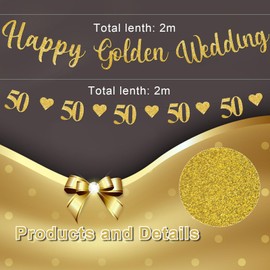 50th Happy Anniversary Banner, Golden Wedding Anniversary Decorations, Set of 2 Glitter Golden Anniversary Bunting Banner, 50th Wedding Anniversary Decorations for Party