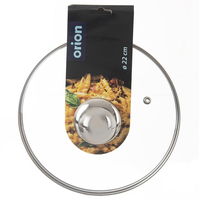 Glass lid with stainless steel ring.