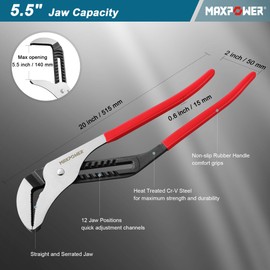 MAXPOWER 20 inch Groove Joint Pliers, 5.5 inch Max Opening, Straight Jaw Locks Pliers