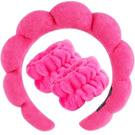 NOVIIML eadband for Washing Face Wristband Set Sponge Makeup Skincare Terry Cloth Bubble Soft Get Ready Hairband for Women Girl Puffy Padded Headwear Non Slip Thick Hair Accessory(Hot Pink)