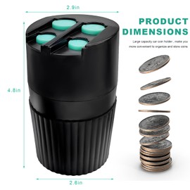 Sun Walker Coin Holder for Car, Large Capacity Auto Change Holder Organizer for Quarters Pennies Dimes Nickels, Portable Coin Sorter Money Dispenser for Most Vehicle Cup Holders