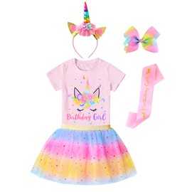 Doctor Unicorn Girls Birthday Costume Outfit Set Pink Yellow Blue Tutu, Unicorn Shirt, Headband, Hair Bow & Birthday Sash Pink Yellow Blue/Pink Butterfly Tshirt - 8-9 Years