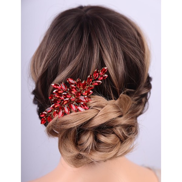 Teyglen Bridal Crystal Flower Hair Comb Full Red Rhinestone Hair