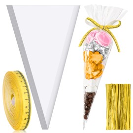 Reallnaive 200 Pcs Back to School Cone Cellophane Bags Pencil Cone Shaped Treat Bags with 2 Rolls Ribbon Triangle Plastic Clear Favor Supplies Decorations for Party Snacks Bakery Chocolate Biscuit