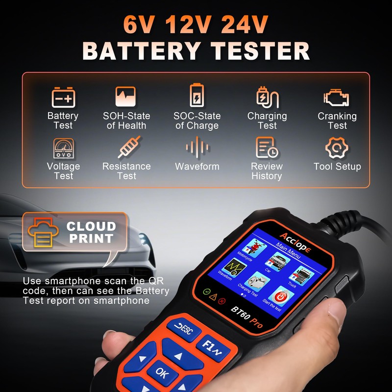 BT60 Pro Acclope Car Battery Tester with Cloud Printing 100-3000
