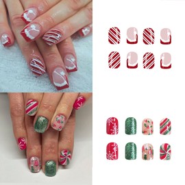 2 Packs 48Pcs Christmas Press on Nails Short Square Fake Nails Christmas Hat Acrylic Nails Candy Stripe Glitter Designs Glue on Nails Kid Winter Xmas Stick on Nails for Women Girls Nails Decoration
