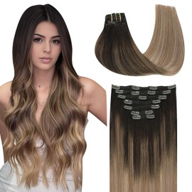 SURNEL Clip in Hair Extensions Balayage Dark Brown to Dirty Blonde Clip in Hair Extensions Real Human Hair 22 Ich 7pcs 160g(7C#2/6/18-22")