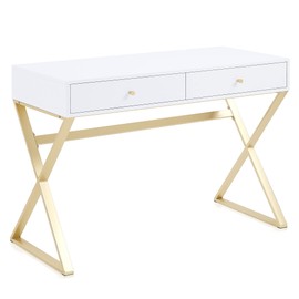 BELLEZE Modern 42 Inch Makeup Vanity Dressing Table or Home Office Computer Laptop Writing Desk with Two Storage Drawers, Wood Top, and Gold Metal Frame - Ellena (White)