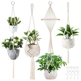 4er Set Makramee Blumenampel Hängend Innen, Boho Deko Baumwollseil Hängeampel mit Haken Blumentopf Pflanzen Halter Aufhänger für Innen Außen Decken Balkone Wanddekoration