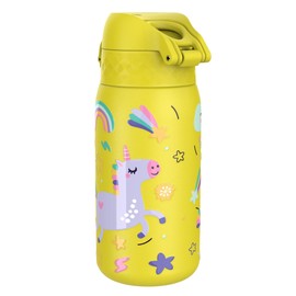 Ion8 Lightweight Steel Kids Water Bottle, 400ml/13oz, Non-Insulated, Leak Proof, Easy to Open, Secure Lock, Dishwasher Safe, Fits Cup Holders, Carry Handle, Metal Water Bottle, Yellow, Unicorns