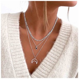 Iaceble Boho Layered Moon Crescent Necklace Silver Crescent Pendant Necklace Small Onyx Choker Necklace Half Moon Choker Necklace Jewelry for Women and Girls