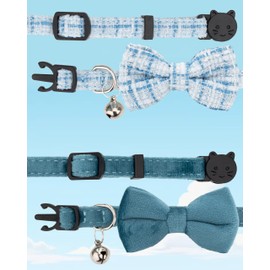 Gyapet Cat Collar with Bell Boy Girl Kitten Bow Tie Safety Breakaway Plaid Solid Color Gift Set Cute Festive B-[2pcs] Blue