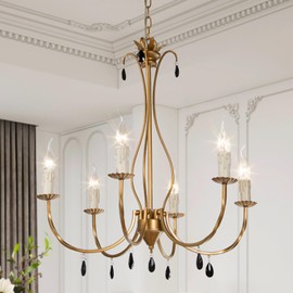 KSANA Gold Chandelier, Large Modern Antique 6-Light Fixture with Black Crystal Pendants for Dining & Living Room, Bedroom, Foyer, and Kitchen