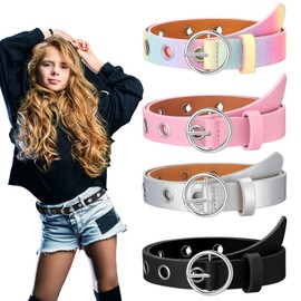 Bencailor 4 Pieces Kids Leather Belts Girls Skinny Belt Faux Leather Jeans Belt with O Ring Buckles for 6-12 Years Teen Girls, 4 Colors (Black, Silver, Pink, Rainbow,For Waist Size 22"-26")