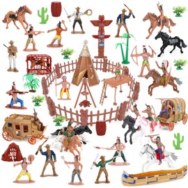 Wild West Cowboys and Indians Plastic Figures Playset 77 Pieces Educational Toys Bucket with Indians Action Figures and Accessories for Kids Boys Girls Age 3 Years