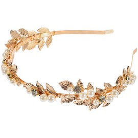 Healeved Gold Leaf Headband Pearl Decor Alloy Bridal Headpiece Wedding Hair Accessories Party Invitations 6.10 x 5.91 x 0.98 inches