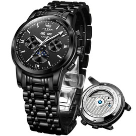 OLEVS Man Watch Automatic Mechanical Self Winding Watches for Men Wrist Watches Calendar Week Display Waterproof Black Steel Luxury Dress Swiss Made Moonphase Wristwatch Black Dial,reloj para Hombre
