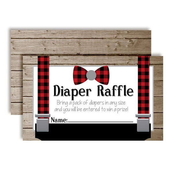 Amanda Creation Little Man Bow Tie Buffalo Plaid Suspenders Diaper Raffle Tickets for Boy Baby Showers, 20 2" X 3” Double Sided Inserts, Bring a Pack of Diapers to Win Favors & Prizes