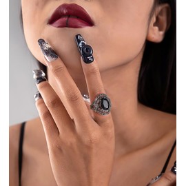 Aprilery Black Rings for Women, Vintage Statement Big Onyx Marcasite Band Ring Chunky Jewelry for Teen Girls Gifts for Her (8)