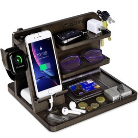 1TG Tactical Nightstand Organizer, Wood Phone Docking Station, Bedside Desk Organizer, EDC Tray for Men, Women, Husband, Wife – Ideal for Anniversaries and Birthdays - Dark Brown
