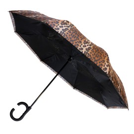 The Leopard 46" Inverted Inside Out Windproof Auto Open Leopard Print Reversible Compact with C-Shaped Handle, Self Standing Reverse Umbrella, Strong Fiberglass Umbrella for Women & Men