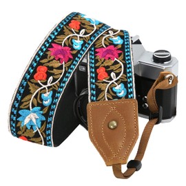Camera Strap - Double Layer Full Grain Thick Cowhide Skin Crazy Horse Crafting Arts Leather Ends,2” Wide Embroidered Pure Cotton Camera Strap,Adjustable Shoulder & Neck Straps for All DSLR Camera