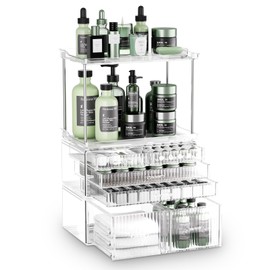 2-Tier 6-Drawer Bathroom Countertop Organizer : Multi-Purpose Makeup Organizer Countertop - Large Skincare Holder Exquisite Vanity Tray - Perfume & Skincare Storage Amber Clear