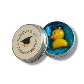 'Congratulations' graduation gift | Cute minitature plastic duck wearing grad cap presented in small tin| perfect well done gift |