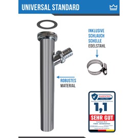 FEINER® Premium Universal Adjustment Pipe Drain Pipe 1 1/4 Inch x 200 mm x Diameter 32 mm Immersion Pipe with Device Connection, Pipe for Sink Siphon on Wash, Dishwasher Chrome-Plated + Free Hose