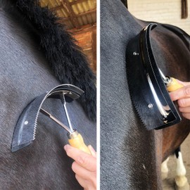 Stainless steel sweat scraper with wooden handle, for horses, donkeys, goats, with 2-in-1 scraping and cleaning function