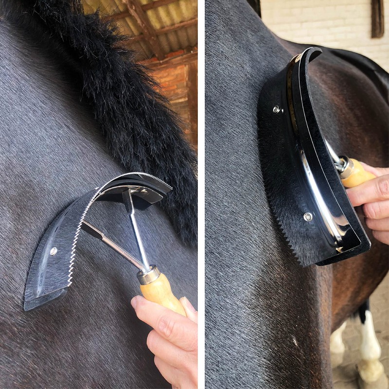 Stainless steel sweat scraper with wooden handle, for horses, donkeys,