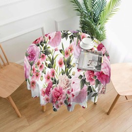 AnBuPan Roses Round Tablecloths 60 Inch Wreath Floral Pink Peony Flowers Bud Leaf Bouquet Elegance Clear Table Cover Protector Fitted Home Kitchen Dinner Outdoor Picnic Party Decorations