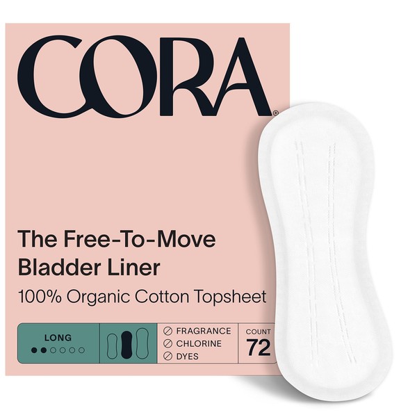Cora Ultra Thin Organic Bladder Liners | Incontinence & Postpartum Pads for Women | Panty Liners for Bladder Leaks | Breathable Cotton (72 Long Liners)