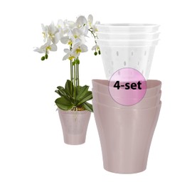 Garten lux Orchid Pots Pink Pearls Set of 4 2 L Diameter 16 cm with Set of 4 Orchid Planters Drainage Hole Plastic Transparent 1 L Diameter 14 cm for Indoor Use