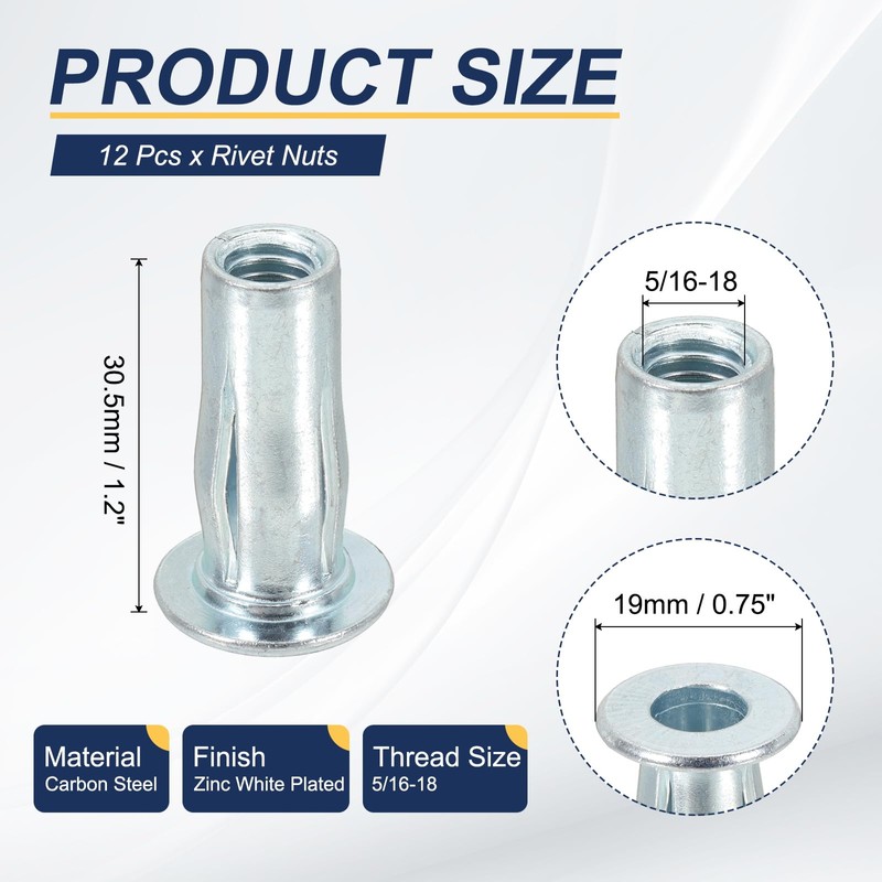 PATIKIL 12 Pcs Multi-Grip Rivet Nuts, 5/16-18 Pre-Bulbed Shank Flat