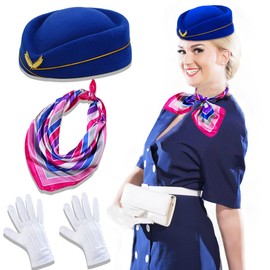 LaVenty Women's Flight Attendant Costume Accessory Stewardess Costume Accessories Flight Attendant Hat Earrings Sunglasses Scarf Gloves (Blue 1)