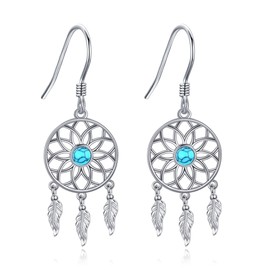 Dream Catcher Earrings 925 Sterling Silver Turquoise Lotus Dreamcatcher Earring Dangle Native American Dream Catcher Jewelry Protection Jewelry for Women Mother