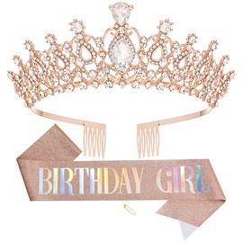 Papoopy Birthday Tiara and Crown with Sash for Women, Hair Accessories for Wedding Party Costume (B - Rose)