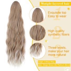 Cephermer Ponytail Extension 24'' Long Wavy Drawstring Pony Tails Hair Extension Ponytail Ginger Brown Mix Platinum Blonde Synthetic Hairpiece for Women