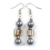 Grey Glass and Antique White Shell Bead Drop Earrings with