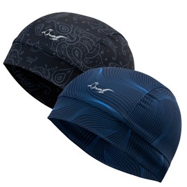 2Pcs Breathable Mesh Skull Cap,Lightweight Quick Dry Sports Helmet Liner for Men Women, Cooling Cycling Beanies (UK, Alpha, One Size, Eyes - Blue Iron +Cyan Blue)