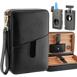 SCARRA Travel Cigar Humidor Box with Cigar Lighter, Leather Cedar Wood Cigar Case, V Cut Cigar Cutter, Cigar Holder, Portable Hand-Held Cigar Humidor with Humidifier, Holds 6 Cigars Gift Set (Black)
