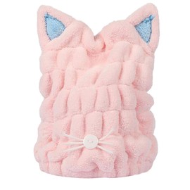 Towel Cap, Cat Ears, Hair Dry Cap, Water Absorption, Drying, For Bathing, Microfiber, Cute (Pink)