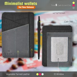 VBAX RFID Slim Wallet for Men Women, 8 Card Slot Leather Minimalist Front Pocket Credit Card Holders, Vintage Black Grey