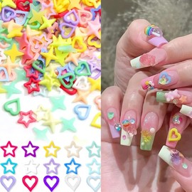 600PCS Mix Colors Kawaii Nail Charms, Resin for Nails Design,Chrome 3D Nail Charms for Women Girls,Cross Charms for Nails,Cute Rhinestones.(Heart and Star)